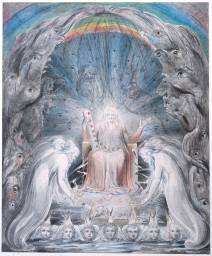 Visions of William Blake,1757-1827 The Four and Twenty Elders Casting their Crowns before the Divine Throne circa 1803-5, Pencil and watercolour on paper support: 354 x 293 mm This watercolour illustrates a passage from chapter four of the Revelation of St John the Divine. The prophet describes a vision of a heavenly throne: before the throne there was a sea of glass like unto crystal... round about... were four beasts full of eyes... The four and twenty elders fall down before him... and worship him that liveth for ever and ever. The Book of Revelation is one of the most dramatic books of the Bible, and Blake was sensitive to its powerful imagery.