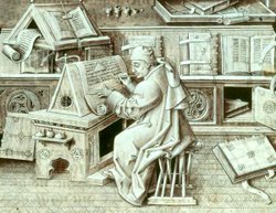 rightThis miniature fr. Christopher De Hamel, Scribes and Illuminators, (Toronto: U Toronto Press, 1992), 36. is a fanciful late fifteenth-century depiction of a scribe at work: he is shown copying a document or scroll from a bound book.